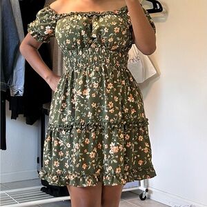 Inspired Hearts Green Floral Off-Shoulder Mini Dress